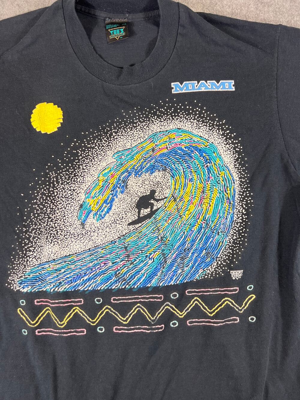 Vintage 90s Shirt Mens XL Black Miami Surfing Wave Graphic Tee Streetwear USA